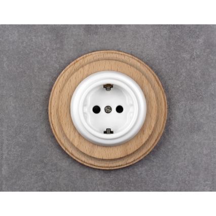 Elhard - Keramische Retro-Wandsteckdose mit Rahmen SCHUKO 230V weiß/helles Holz
