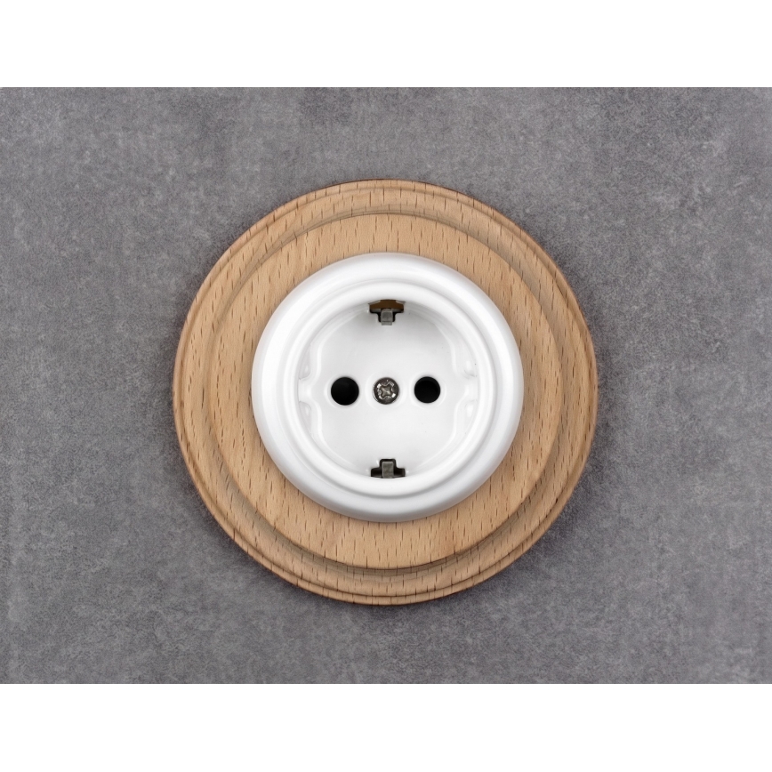 Elhard - Keramische Retro-Wandsteckdose mit Rahmen SCHUKO 230V weiß/helles Holz