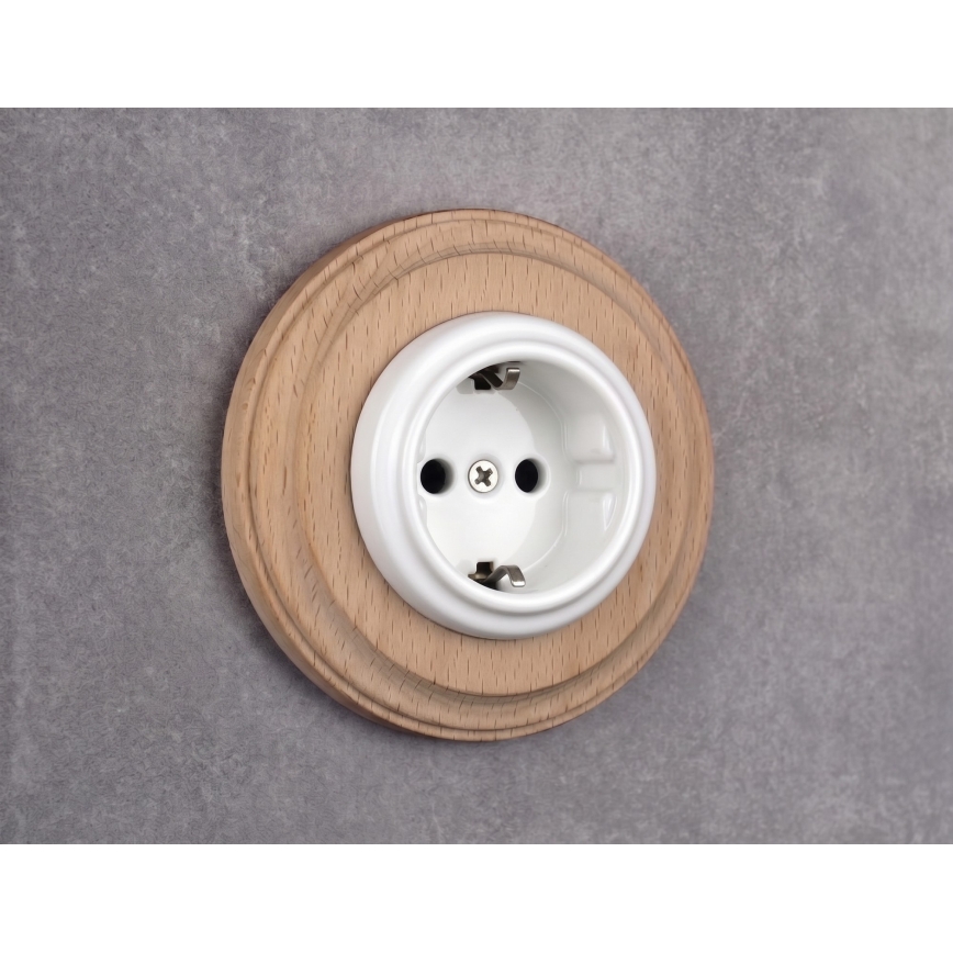Elhard - Keramische Retro-Wandsteckdose mit Rahmen SCHUKO 230V weiß/helles Holz
