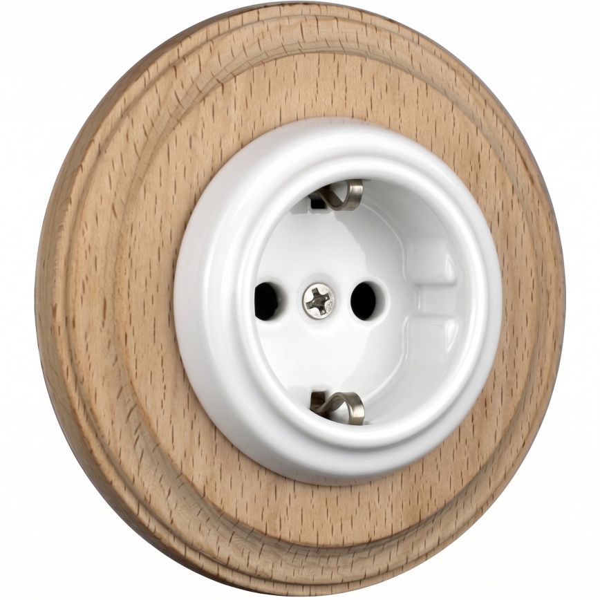 Elhard - Keramische Retro-Wandsteckdose mit Rahmen SCHUKO 230V weiß/helles Holz