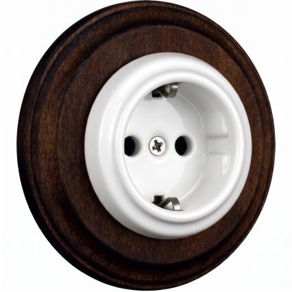 Elhard - Keramische Retro-Haussteckdose mit Rahmen SCHUKO 230V weiß/dunkles Holz