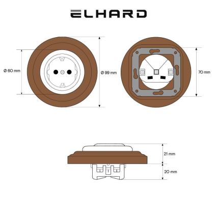 Elhard - Keramische Retro-Haussteckdose mit Rahmen SCHUKO 230V weiß/dunkles Holz