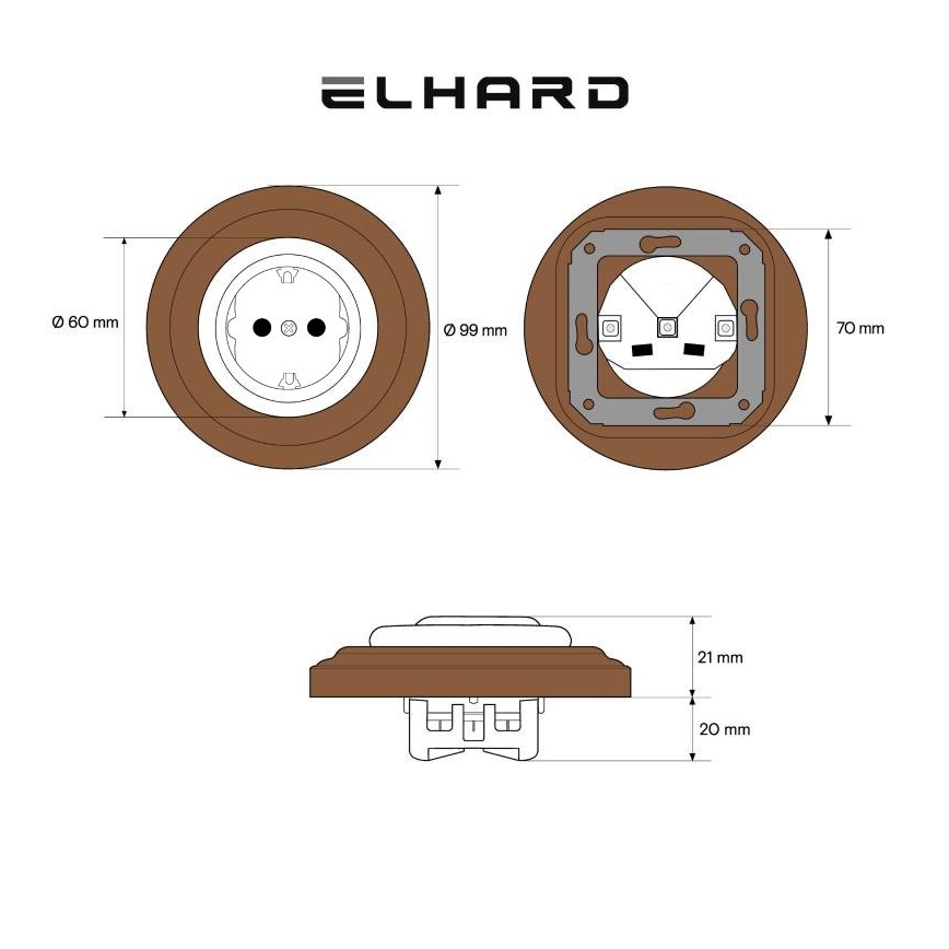 Elhard - Keramische Retro-Haussteckdose mit Rahmen SCHUKO 230V weiß/dunkles Holz