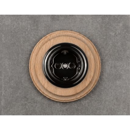 Elhard - Keramische Retro-Steckdose für den Wohnbereich mit Rahmen SCHUKO 230V schwarz/helles Holz