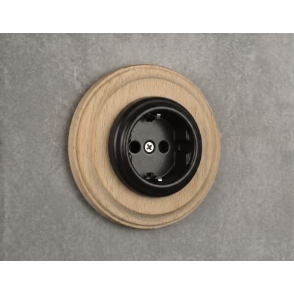 Elhard - Keramische Retro-Steckdose für den Wohnbereich mit Rahmen SCHUKO 230V schwarz/helles Holz