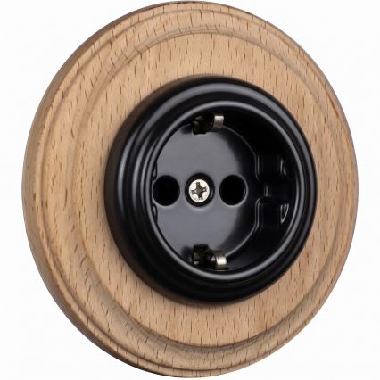 Elhard - Keramische Retro-Steckdose für den Wohnbereich mit Rahmen SCHUKO 230V schwarz/helles Holz