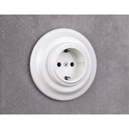 Elhard - Keramische Retro-Steckdose für den Wohnbereich mit Rahmen, SCHUKO, 230 V, weiß