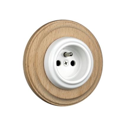 Elhard - Keramische Retro-Wandsteckdose mit Rahmen, 230 V, weiß/helles Holz