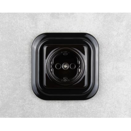 Elhard - Keramische Retro-Wandsteckdose mit Rahmen, SCHUKO 230 V, schwarz
