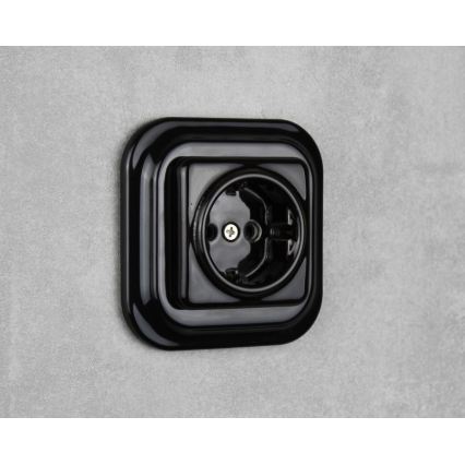 Elhard - Keramische Retro-Wandsteckdose mit Rahmen, SCHUKO 230 V, schwarz