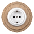 Elhard - Keramische Retro-Wandsteckdose mit Rahmen SCHUKO 230V weiß/helles Holz
