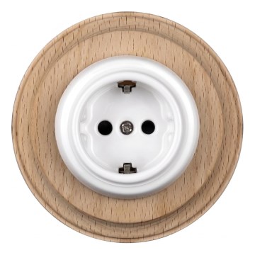 Elhard - Keramische Retro-Wandsteckdose mit Rahmen SCHUKO 230V weiß/helles Holz