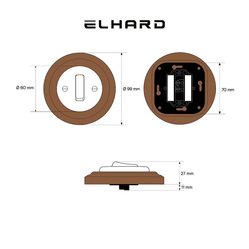 Elhard - Keramischer Retro-Einfachschalter mit Rahmen č. 1 weiß/dunkles Holz