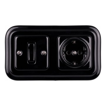 Elhard - Keramischer Retro-Einpolschalter Nr. 1 und SCHUKO-Steckdose 230 V mit Rahmen, schwarz