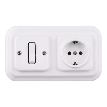 Elhard - Keramischer Retro-Einpolschalter Nr. 1 und SCHUKO-Steckdose 230 V mit Rahmen, weiß