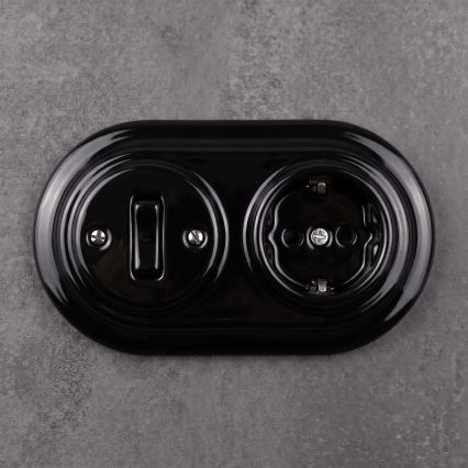 Elhard - Keramischer Retro-Schalter 1-fach und 230-V-Steckdose mit SCHUKO-Rahmen, schwarz