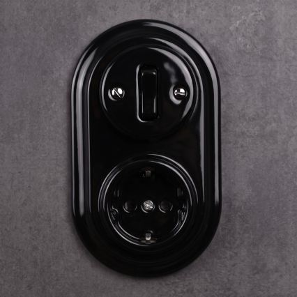 Elhard - Keramischer Retro-Schalter 1-fach und 230-V-Steckdose mit SCHUKO-Rahmen, schwarz