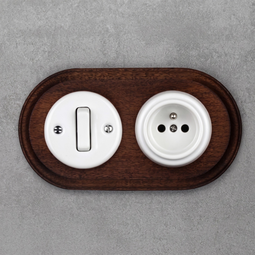 Elhard - Keramischer Retro-Schalter č. 1 und 230V-Steckdose mit Rahmen weiß/dunkles Holz