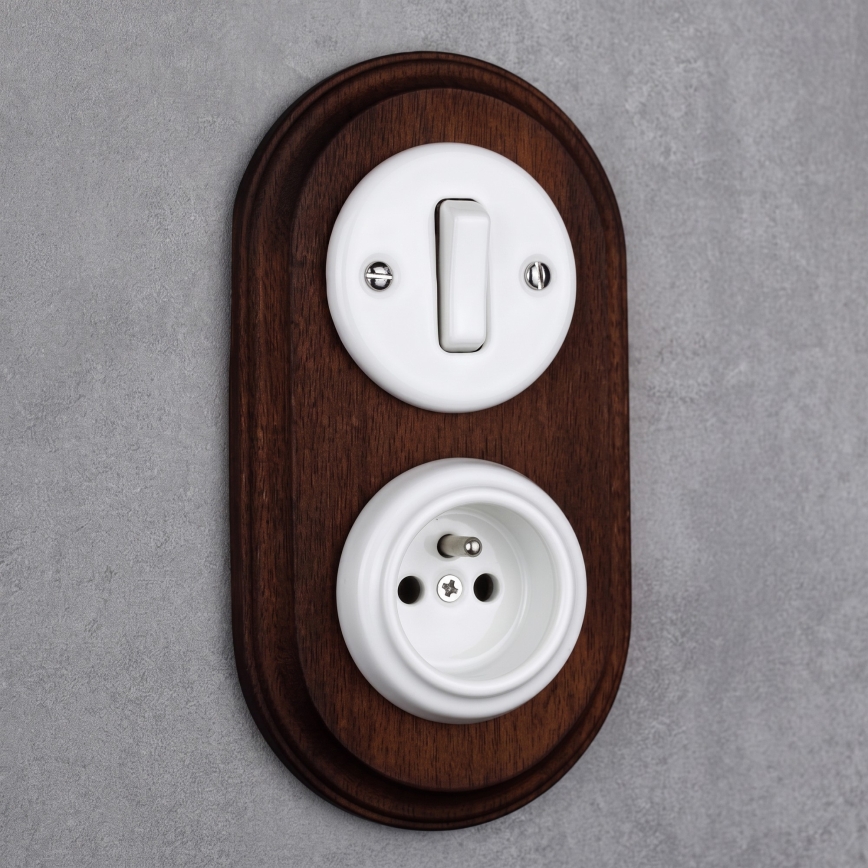 Elhard - Keramischer Retro-Schalter č. 1 und 230V-Steckdose mit Rahmen weiß/dunkles Holz
