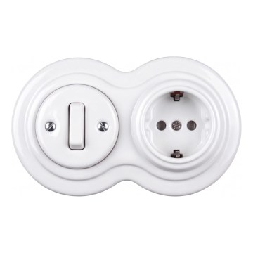 Elhard - Keramischer Retro-Schalter č. 1 und 230V-Steckdose mit SCHUKO-Rahmen, weiß