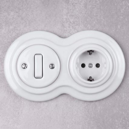 Elhard - Keramischer Retro-Schalter č. 1 und 230V-Steckdose mit SCHUKO-Rahmen, weiß