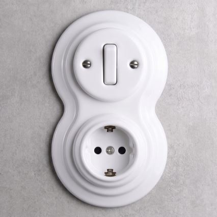Elhard - Keramischer Retro-Schalter č. 1 und 230V-Steckdose mit SCHUKO-Rahmen, weiß