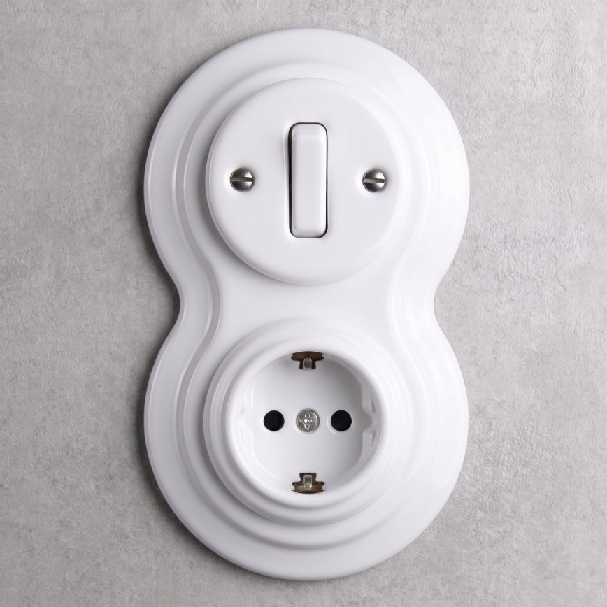 Elhard - Keramischer Retro-Schalter č. 1 und 230V-Steckdose mit SCHUKO-Rahmen, weiß