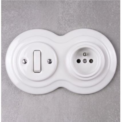Elhard - Keramischer Retro-Schalter č. 1 und Steckdose 230V mit Rahmen, weiß