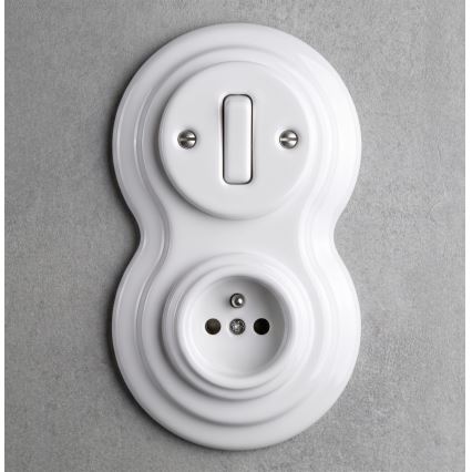 Elhard - Keramischer Retro-Schalter č. 1 und Steckdose 230V mit Rahmen, weiß
