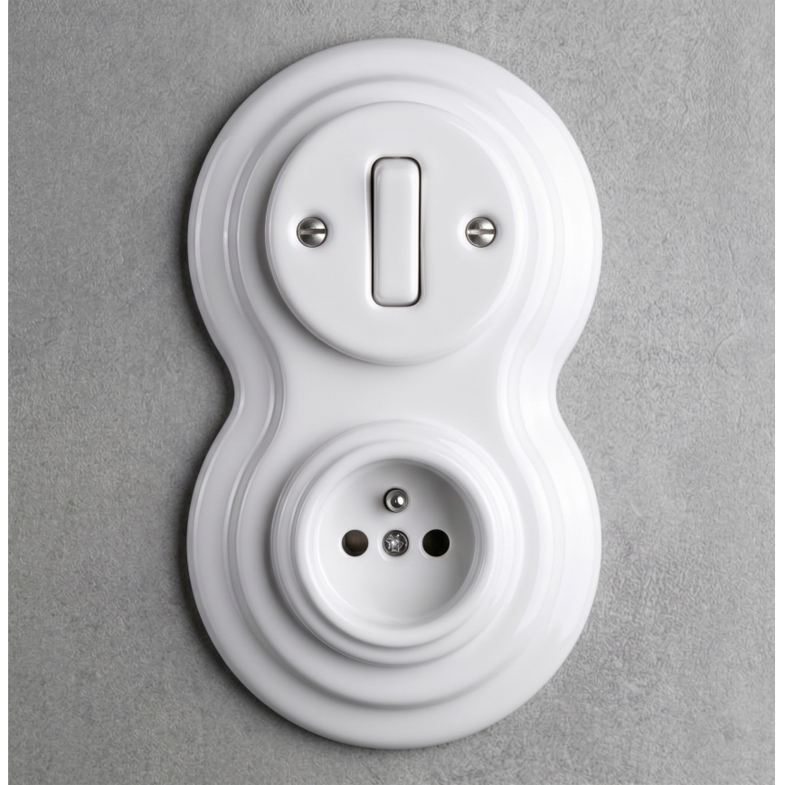Elhard - Keramischer Retro-Schalter č. 1 und Steckdose 230V mit Rahmen, weiß