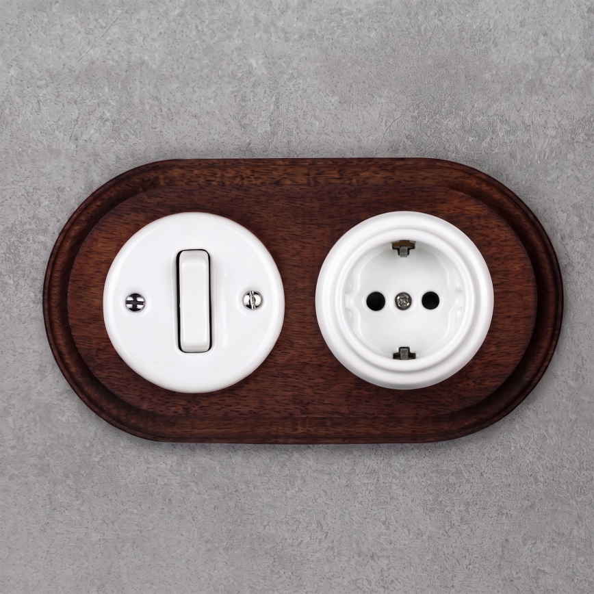 Elhard - Keramischer Retro-Schalter Nr. 1 und 230V-Steckdose mit SCHUKO-Rahmen weiß/dunkles Holz