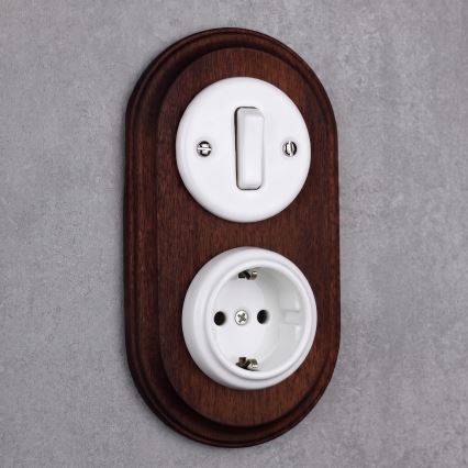 Elhard - Keramischer Retro-Schalter Nr. 1 und 230V-Steckdose mit SCHUKO-Rahmen weiß/dunkles Holz