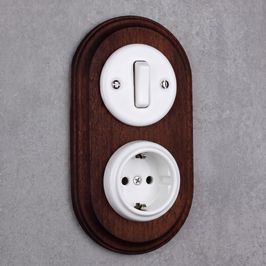 Elhard - Keramischer Retro-Schalter Nr. 1 und 230V-Steckdose mit SCHUKO-Rahmen weiß/dunkles Holz