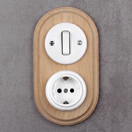 Elhard - Keramischer Retro-Schalter č. 1 und Steckdose 230V mit SCHUKO-Rahmen weiß/helles Holz