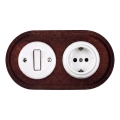Elhard - Keramischer Retro-Schalter Nr. 1 und 230V-Steckdose mit SCHUKO-Rahmen weiß/dunkles Holz
