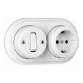 Elhard - Keramischer Retro-Wand-Einpolschalter Nr. 1 und SCHUKO-Steckdose 230 V mit Rahmen, weiß