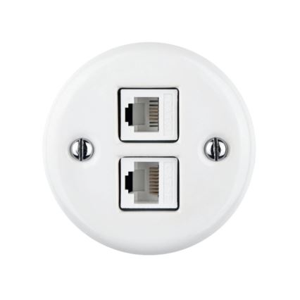 Elhard - Wandmontierte keramische Retro-Datenanschlussdose, 2x RJ45, weiß