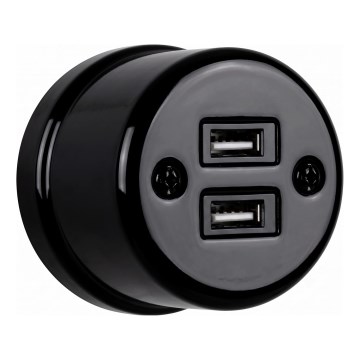 Elhard - Wandsteckdose aus Keramik im Retro-Look, 2× USB-A, schwarz