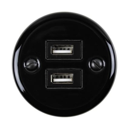 Elhard - Wandsteckdose aus Keramik im Retro-Look, 2× USB-A, schwarz