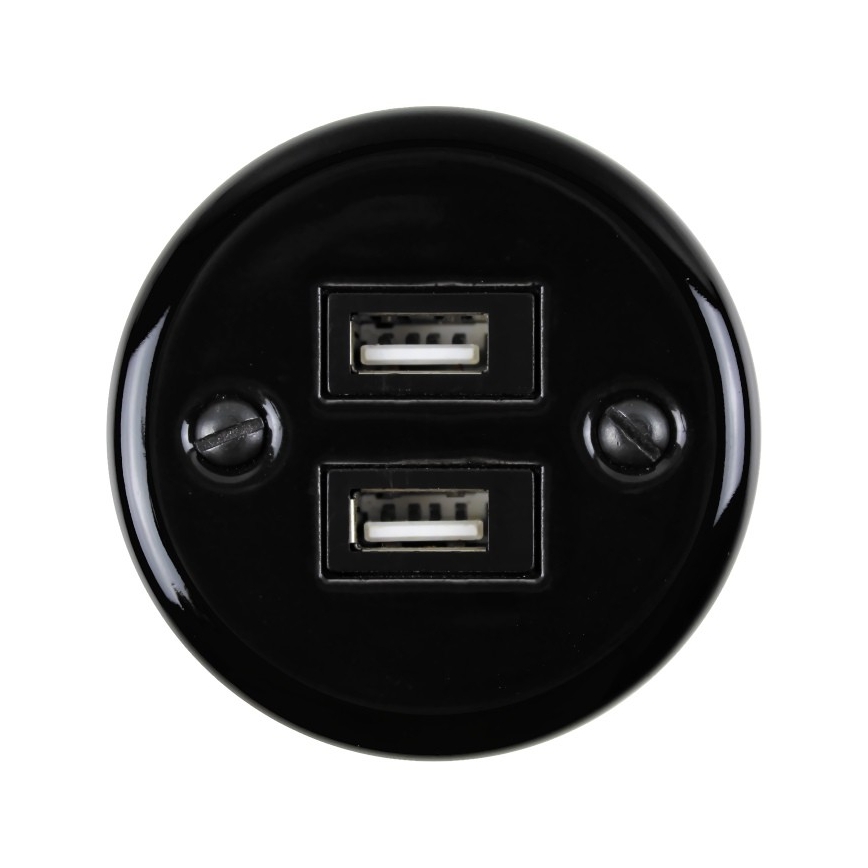 Elhard - Wandsteckdose aus Keramik im Retro-Look, 2× USB-A, schwarz