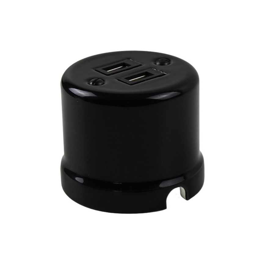 Elhard - Wandsteckdose aus Keramik im Retro-Look, 2× USB-A, schwarz