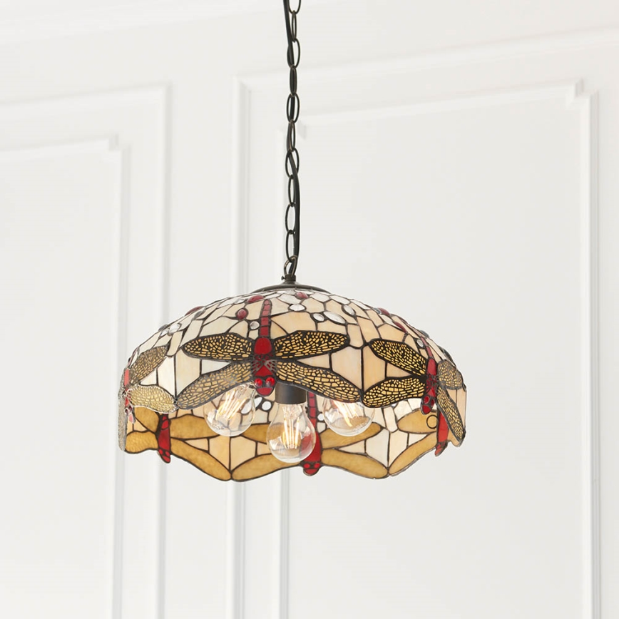 Endon 70824 - Tiffany-Kronleuchter DRAGONFLY an Kette, 3x E27/60W/230V, Ø 41 cm