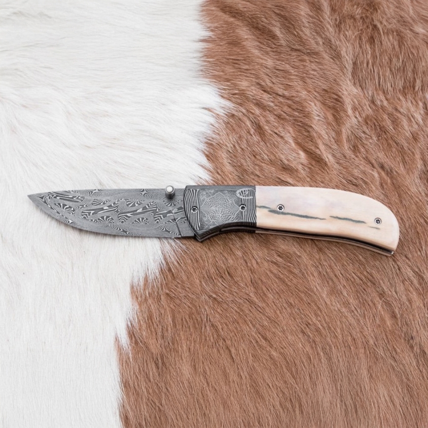 Exklusives Damast-Klappmesser 8,6 cm Mammut-Elfenbein