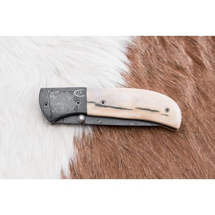 Exklusives Damast-Klappmesser 8,6 cm Mammut-Elfenbein