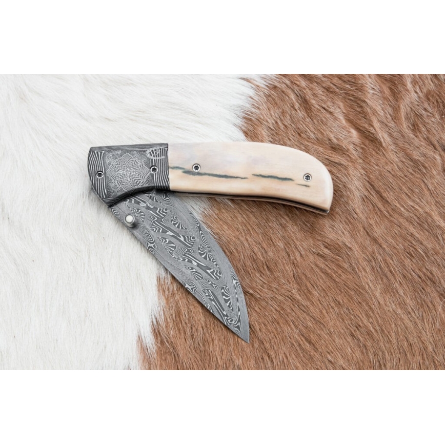 Exklusives Damast-Klappmesser 8,6 cm Mammut-Elfenbein