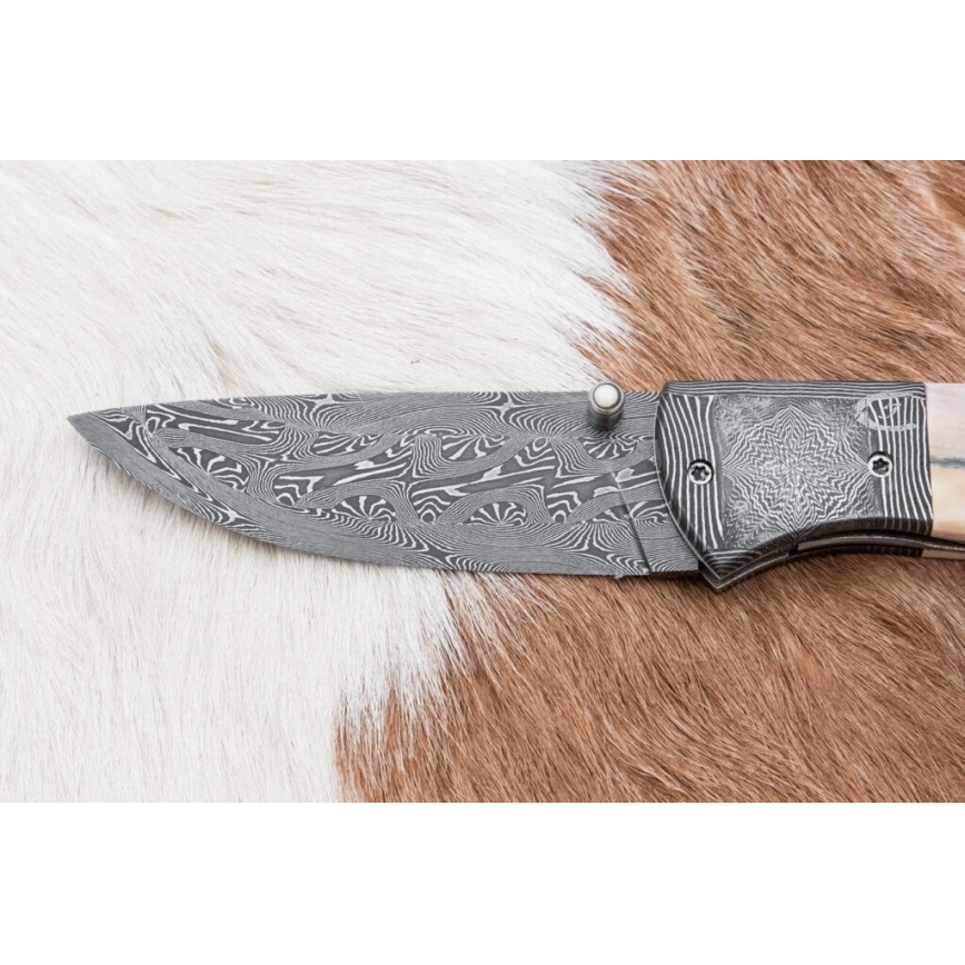 Exklusives Damast-Klappmesser 8,6 cm Mammut-Elfenbein