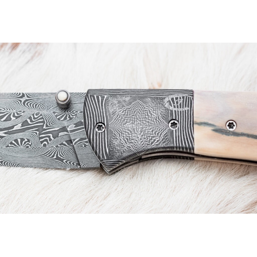 Exklusives Damast-Klappmesser 8,6 cm Mammut-Elfenbein