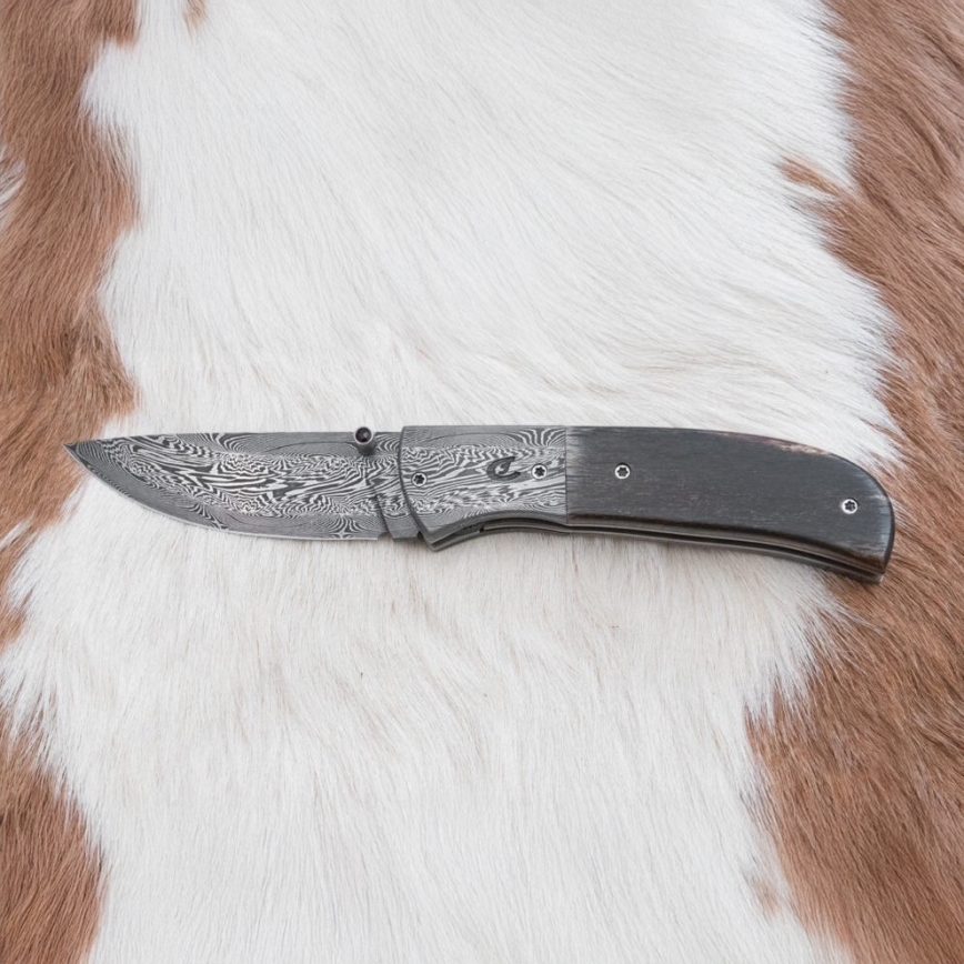 Exklusives Damast-Klappmesser 8 cm Mammutknochen