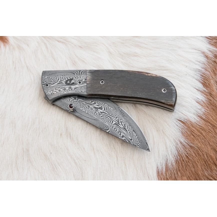 Exklusives Damast-Klappmesser 8 cm Mammutknochen