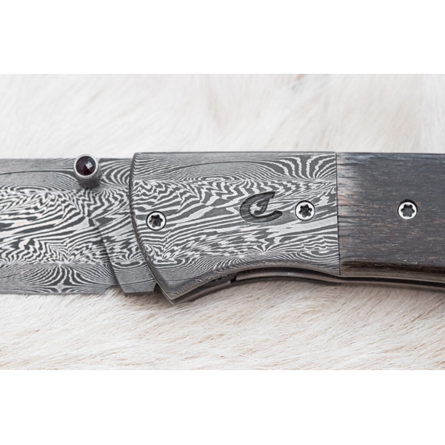 Exklusives Damast-Klappmesser 8 cm Mammutknochen